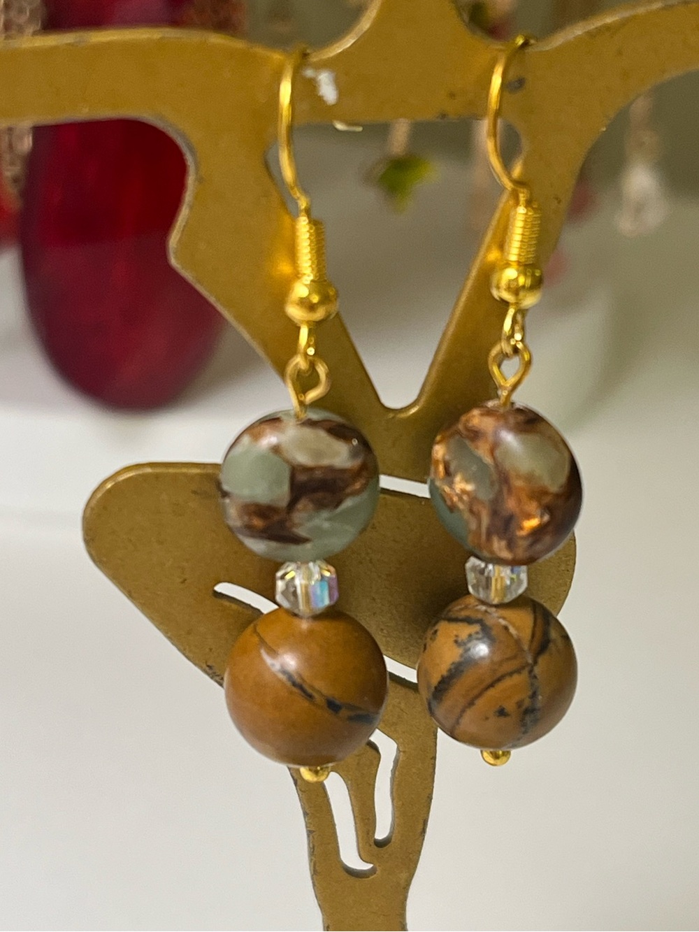 Handmade Picture Jasper & Sea Sediment Jasper Dangle Earrings Gold Tone